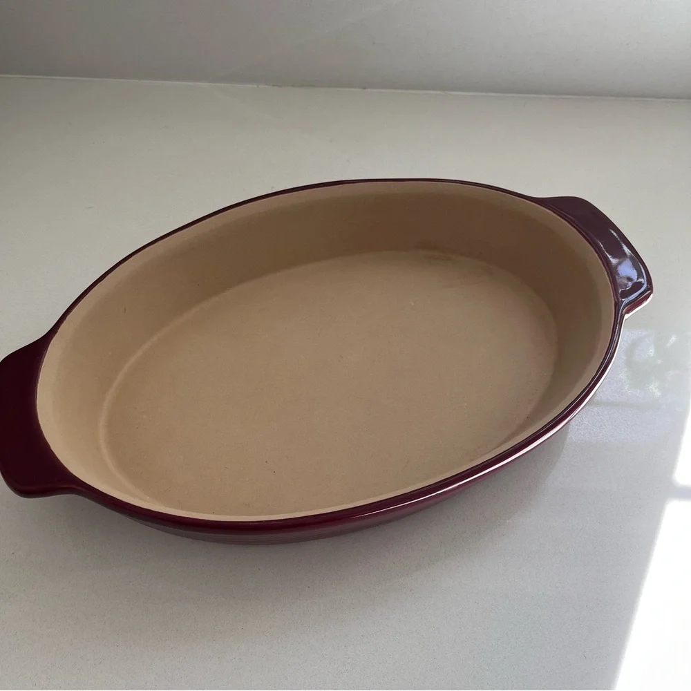 PAMPERED CHEF Stoneware Family Heritage Burgundy WINE Baking Dish 14 x 8 - Picture 3 of 6